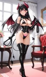 ai_generated bangs bare_shoulders bat_wings bikini black_bikini black_clothes black_footwear black_gloves black_hair black_legwear black_panties black_thighhighs black_underwear black_wings blush boots breasts chair cleavage closed_mouth clothing collar corset curtains demon_girl demon_horns demon_tail demon_wings dominatrix earrings elbow_gloves facial_mark facial_tattoo female female female_only flower footwear gloves groin heart heart_earrings heart_tattoo high_heel_boots high_heels highleg highleg_bikini holding holding_whip horns indoors jewelry large_breasts latex latex_gloves leash legwear lingerie long_hair looking_at_viewer micro_bikini navel original painting_(object) pantsu pink_eyes pubic_tattoo red_eyes rose shiny_clothes shiny_skin shoes sitting skindentation smile solo standing string_bikini succubus swimsuit table tail tattoo thigh_boots thighhighs thighs underwear vase whip window wings wooden_floor zipper zipper_pull_tab