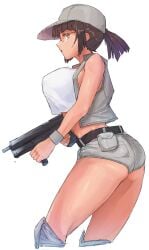 bare_shoulders belt black_belt blunt_bangs breasts brown_eyes brown_hair commentary_request crop_top crop_top_overhang cropped_legs female fio_germi from_side glasses grey_hat grey_shorts grey_vest gun hat highres holding holding_gun holding_weapon knee_pads large_breasts long_hair looking_at_viewer madsensei metal_slug midriff open_clothes open_vest ponytail round_eyewear short_shorts shorts sidelocks sideways_glance simple_background solo submachine_gun tank_top thighs two-handed vest weapon white_background white_tank_top wristband