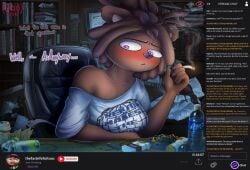 anthro bear big_breasts blush bombay_(artist) breasts cigarette clothing english_text female frenlivet_(bombay) hi_res large_shirt livestream looking_at_viewer mammal smoking smoking_cigarette solo stream_chat text