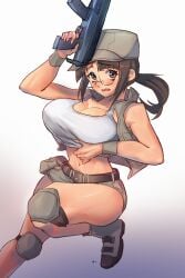 belt blush boots breasts brown_eyes brown_hair cleavage commentary_request crop_top female fio_germi glasses gradient_background gun handgun hat highres holding holding_gun holding_weapon knee_pads large_breasts long_hair looking_at_viewer madsensei metal_slug midriff navel open_mouth ponytail short_shorts shorts sleeveless solo tank_top thighhighs thighs trigger_discipline vest weapon
