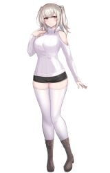 amahara_kuon bare_shoulders black_shorts blonde_hair blush boots breasts brown_eyes closed_mouth clothing_cutout female full_body hand_up highres kutan kutani_ryou large_breasts long_hair long_sleeves looking_at_viewer original ribbed_sweater short_shorts shorts shoulder_cutout simple_background smile solo standing sweater thighhighs thighs transparent_background turtleneck turtleneck_sweater twintails two_side_up variant_set white_background white_sweater white_thighhighs