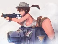 ass bent_over breasts brown_eyes brown_hair crop_top female female_focus fio_germi firing firing_gun glasses gun hat large_breasts madsensei metal_slug military military_vehicle motor_vehicle ponytail round_eyewear shooting shooting_gun short_shorts shorts sideboob sidelocks snk solo submachine_gun sv001_(metal_slug) tank thighs weapon