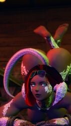 3d au_ra barbell_piercing big_breasts breasts chroma_kelv female final_fantasy_xiv foot_focus full_body gpose(ffxiv) looking_at_another looking_at_viewer nipples nude nude_female piercing pussy restaurant sole_female solo solo_female uncensored