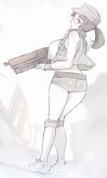 ass bare_shoulders belt breasts commentary_request crop_top dutch_angle female fio_germi from_behind full_body glasses gun hat highres holding holding_gun holding_weapon knee_pads large_breasts long_hair looking_at_viewer looking_back madsensei metal_slug midriff muted_color open_clothes open_vest ponytail round_eyewear shoes short_shorts shorts sidelocks sketch solo thighs vest weapon white_background wristband