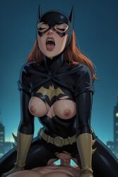 ai_generated barbara_gordon batgirl batman_(series) breasts dc_comics mask orgasm pov red_hair riding superheroine torn_clothes