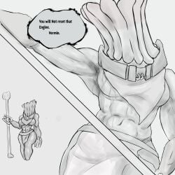 1girls abs bone bone_keeper_(deepwoken) breasts darkguest deepwoken english_text female huge_breasts huge_thighs monochrome monster_girl muscles muscular roblox roblox_game self_upload sketch speech_bubble tagme text thighs