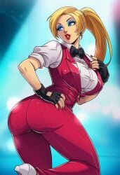 ai_generated bimbo blonde_hair blue_eyeshadow fatal_fury feminization hypnosis king_(snk) king_(snk)_(cosplay) king_of_fighters mascara red_lipstick rule_63 sano-br snk terry_bogard