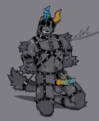 1boy balls bondage bondage_gear coil_(phighting) d4rkst4r1zms demon dog_tail drooling eyes_covered fur humanoid kneeling penis phighting precum precum_drip restrained_arms roblox roblox_game robloxian self_upload tagme unusual_genitalia