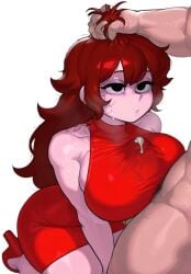 1boy 1girls ai_generated auburn_hair black_eyes clothed_female_nude_male cum cum_under_clothes female friday_night_funkin girlfriend_(friday_night_funkin) grabbing_another's_hair high_heels kneeling male paizuri red_dress red_footwear red_hair