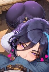 1boy1girl ai_generated bulge bulge_under_clothes busty clorinde_(genshin_impact) commission female genshin_impact huge_ass huge_breasts male milf office office_lady patreon patreon_url patreon_username secretary sinderellaart thick thick_legs thick_thighs voluptuous