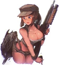 blush breasts brown_eyes brown_hair canine cleavage cowboy_shot crop_top curvy female female_focus fio_germi glasses gun hat large_breasts leaning_forward madsensei metal_slug midriff mummy open_mouth panties pink_panties ponytail rifle round_eyewear short_shorts shorts sidelocks simple_background snk solo tearing_clothes torn_clothes torn_shorts undead underwear vest weapon white_background