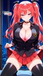 ai_generated black_shirt black_thighhighs boosterred99 bra collar firika_mia_shatana illustrious_(stable_diffusion) long_hair nukidoki! pony_diffusion_xl purple_eyes red_hair red_skirt seductive_smile shirt skirt skirt_lift thick_thighs thighs twintails underwear