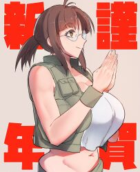 bare_shoulders breasts brown_eyes brown_hair female female_focus fio_germi glasses highres jacket large_breasts madsensei metal_slug ponytail sleeveless snk solo