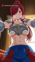ai_generated armor blue_hakama blush boobplate breastplate breasts breath chest_sarashi collarbone erza_scarlet fairy_tail female from_below grin hair_over_one_eye heavy_breathing high_ponytail indoors large_breasts long_hair looking_at_viewer meitabuu navel pants ponytail pov purple_eyes red_hair red_pants sarashi shoulder_armor smile solo sweat teeth underboob window
