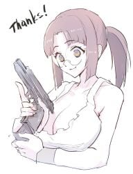 breasts cleavage female fio_germi glasses gun large_breasts long_hair madsensei metal_slug ponytail weapon