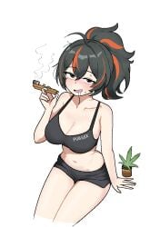 black_bra black_hair black_shorts blush bra breasts cleavage cocktiel77 commentary_request drugs female holding holding_smoking_pipe korean_commentary large_breasts looking_at_viewer marijuana multicolored_hair new_eridu_public_security ponytail red_hair saliva shorts simple_background sitting smoking_pipe solo two-tone_hair underwear white_background zenless_zone_zero zhu_yuan