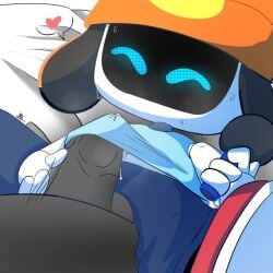 2boys anon astro_bot astro_bot_(series) bed bedsheets cap clothed clothed_sex cosplay costume cum cum_on_shirt cumming dog_ears gay gay_sex grey_body heart looking_up male male/male male_focus male_only microphone naughtyfey on_bed parappa_the_rapper penis_in_shirt robot robot_boy screen_face sheets sweat sweatdrop sweating touching_penis veiny_penis white_body