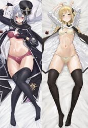 2girls absurdres aphrodisiac bed_sheet blonde_hair blush clothes_pull collared_dress dakimakura_(medium) dress duel_monster female green_eyes grey_hair highres long_hair long_sleeves lying multiple_girls necktie on_back open_clothes pantyhose pantyhose_pull red_eyes sayaka_ikku skindentation sky_striker_ace_-_raye sky_striker_ace_-_roze twintails two-tone_dress yu-gi-oh!