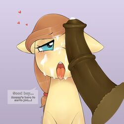 2017 animal_genitalia animal_penis blue_eyes brown_hair button's_mom button_mash_(mlp) cream_heart_(mlp) cum cum_on_face disembodied_penis earth_pony english_text equine equine_penis erection fan_character female friendship_is_magic hair heart horse horsecock looking_at_viewer male mammal my_little_pony oouichi penis pony solo text tongue tongue_out