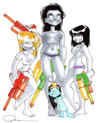 acacia_budur barefoot black_hair black_hair_female blonde_female blonde_hair blonde_hair_female blue_body blue_eyes blue_skin blush blush_lines blushing brandilyn_oduya breasts brown_eyes curled_hair curly_hair dark-skinned_female dark_skin feet female functionally_topless functionally_topless_female long_hair multiple_girls nipples nipples_visible_through_clothing paul_taylor sharp_teeth smile squirt_gun tagme_(character) teeth teeth_visible toenails toes wapsi_square webcomic webcomic_character wet_shirt white_background