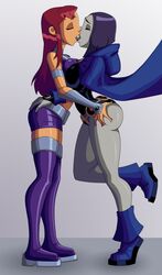 2girls alternate_breast_size ass belt big_breasts boots breasts clothing dat_ass dc dc_comics female female_only footwear groping kissing large_breasts lesbian outerwear rachel_roth raven_(dc) ravenravenraven starfire teen_titans tongue_out yuri