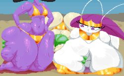3girls ass beach big_ass big_breasts bikini breasts bug_girl cuddling_up_together female female_only gardevoir gothitelle highres pheromosa pixel_art pokemon pokemon_(species) purple_skin spinneborg