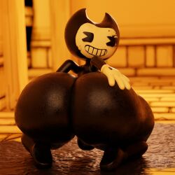 3d_(artwork) ass backsack balls bendy bendy_and_the_ink_machine bendy_the_dancing_demon big_butt black_body black_skin bow_tie cheeky clothing darkspite demon detailed_background digital_media_(artwork) genitals gloves handwear hi_res huge_ass huge_butt huge_hips huge_thighs humanoid_genitalia hyper looking_at_viewer looking_back male male_only not_furry smile solo thick_thighs toony white_bow_tie white_clothing white_gloves white_handwear wide_hips