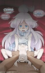 1boy absurdres artist_name bar_censor blue_eyes censored clothed_female_nude_male clothed_sex commentary deux_murasame english_text fanbox_username female gnsisir gundam gundam_gquuuuuux highres looking_at_viewer lying missionary nude on_back on_bed petite pov scar sex speech_bubble stomach_bulge straight vaginal_penetration web_address white_hair