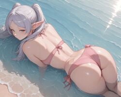 1girls ai_generated background beach bikini bikini_bottom bikini_top blue_eyes breasts bubble_butt earrings elf elf_ears elf_female female frieren frieren_beyond_journey's_end happy looking_at_viewer no_sex pink_bikini sfw silver_hair small_breasts smile sousou_no_frieren summer wink winking_at_viewer
