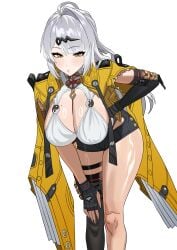 absurdres ahoge asymmetrical_gloves black_gloves blush breasts closed_mouth elbow_gloves female fingerless_gloves gloves grey_hair hair_ornament hand_on_own_hip highres jacket jacket_on_shoulders large_breasts leaning_forward lips long_hair looking_at_viewer mole mole_on_breast orb q_haoyu shiny_skin simple_background single_elbow_glove single_thighhigh solo thigh_strap thighhighs thighs uneven_gloves very_long_hair white_background yellow_eyes yellow_jacket yin_yang yin_yang_orb yixuan_(zenless_zone_zero) zenless_zone_zero