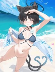 absurdres animal_ear_fluff animal_ears armpits beach bikini bikini_top_only black_eyes black_hair blue_archive blue_bikini blue_halo blue_sky bottomless breasts bright_pupils cat_ears cat_girl cat_tail closed_mouth cloud commentary_request day female female_pubic_hair halo highres kikyou_(blue_archive) kikyou_(swimsuit)_(blue_archive) looking_at_viewer medium_breasts ocean official_alternate_costume outdoors pubic_hair pussy_juice shin_maboroshi short_hair sky solo swimsuit tail white_pupils