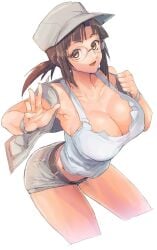 armpits bare_shoulders belt bent_over breasts brown_belt brown_eyes brown_hair cleavage collarbone commentary_request cropped_legs dutch_angle female fio_germi glasses grey_hat grey_shorts grey_vest hand_up hat highres large_breasts long_hair looking_at_viewer madsensei metal_slug midriff open_clothes open_mouth open_vest ponytail round_eyewear short_shorts shorts sidelocks simple_background smile solo tank_top vest white_background white_tank_top wristband