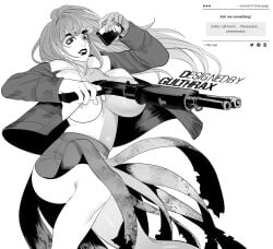 areola_slip big_breasts bomber_jacket camera convenient_censoring crouching facepaint fear_and_hunger fear_and_hunger:_termina female female_only full_body gun huge_breasts jacket karin_(fear_and_hunger) long_hair monochrome no_bra smile solo squatting thick_eyebrows torn_clothes weapon