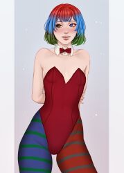 arms_behind_back blue_eye blush bnvt bowtie bruneian bruneian_vtuber bunnysuit collar_only female flat_chest flat_chested green_eyes heterochromia indie_virtual_youtuber indie_vtuber jakkel_draws leggings multicolored_hair red_bunnysuit short_hair shy slim slim_waist smiling standing starlesia_(bnvt) thicc_thighs three-tone_hair virtual_youtuber vtuber