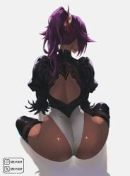 1girls absurdres ass back_cutout big_ass black_thighhighs bleach clothing_cutout commentary cosplay dark-skinned_female dark_skin english_commentary facing_away female female_only from_behind highleg highleg_leotard highres instagram_username izei1337 juliet_sleeves large_ass leotard long_hair long_sleeves median_furrow nier nier:_automata nier_(series) ponytail puffy_sleeves purple_hair shadow shihouin_yoruichi simple_background sitting solo thighhighs thighs toned toned_female twitter_username white_background white_leotard yellow_eyes yorha_2b_(cosplay)