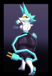 back_view big_breasts biped blush breasts chuyy clothed clothing deltarune eyelashes female front_view holding_object holding_whip huge_breasts looking_at_viewer machine open_mouth robot smile solo tasque_manager_(deltarune) thick_thighs undertale_(series)