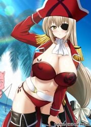 amagi_brilliant_park ascot bikini boots bow breasts brown_hair cleavage cloud coat collarbone epaulettes eyepatch female hairbow hat hellandheaven highres large_breasts long_hair long_sleeves navel ocean open_clothes open_coat palm_tree patreon_username pirate pirate_hat red_bikini red_coat red_hat sento_isuzu sky stomach swimsuit thigh_boots tiramii tree very_long_hair white_ascot white_bow yellow_eyes