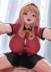 aroused big_breasts blonde_hair green_eyes headband hot_n_juicy:between_two_buns looking_at_viewer nemuifran patti_(hot_n_juicy) tagme text uniform