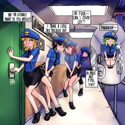 5girls black_hair black_necktie black_skirt blonde_hair blush breasts english_text female female_only green_hair hand_between_legs handcuffs have_to_pee jailor_eckman necktie one_eye_closed open_mouth orange_eyes original panties panty_pull peeing police police_hat police_uniform policewoman ponytail purple_eyes red_hair skirt stained_panties tears toilet toilet_use underwear wet wet_panties white_panties wide_eyed