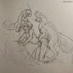 alien all_fours anal anal_sex antennae_(anatomy) belluvaraptor blush bodily_fluids claws creatures_of_sonaria cum cum_drip cum_in_ass cum_in_mouth cum_inside cum_overflow cum_while_penetrated cumshot dinosaur dominant dominant_feral dragonika dripping dromaeosaurid ejaculation erection feathered_arms feathers fellatio feral from_behind_position from_front_position genital_fluids genitals grass group hair human human_on_feral human_penetrated humanoid_genitalia humanoid_penis interspecies jeff_(creatures_of_sonaria) male male/male mammal minawii monochrome multi_limb nude on_hind_legs open_mouth oral penetration penile penis plant prehistoric_species reptile roblox rock scalie see sex shaking short_hair side_view signature simple_background simple_eyes size_difference sketch_page skinny spitroast submissive submissive_human tail tail_feathers theropod traditional_media_(artwork) trembling trio waist_grab zoophilia