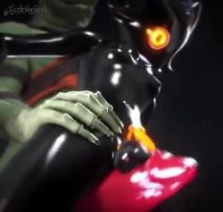 1boy 1futa big_dom_small_sub cat_ears chastity_cage green_skin latex_bodysuit latex_suit male_on_futa moaning scarlena4 small_breasts sound tagme thighjob video