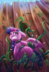 2017 absurd_res alicorn bound equine feathered_wings feathers female friendship_is_magic fur hair hi_res horn mammal my_little_pony oddciders one_eye_closed outside penetration purple_feathers purple_fur pussy restrained slime solo tentacle twilight_sparkle_(mlp) vaginal_penetration vaginal_penetration wings