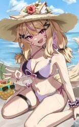 :d animal_ear_fluff animal_ears bare_shoulders beach bikini blonde_hair blue_sky breasts brown_headwear choker cleavage cloud day female flower hair_ornament hairclip halterneck hat long_hair looking_at_viewer nail_polish navel ocean oerba_yun_fang open_mouth outdoors purple_bikini purple_nails scrunchie side-tie_bikini sitting sky smile solo squchan_(vtuber) straw_hat sun_hat sunglasses swimsuit tail thigh_strap twintails vyugen wariza wrist_scrunchie