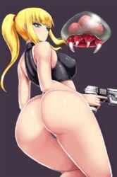 1girls animated animated_gif ass ass_focus ass_jiggle ass_shake baby_(metroid) big_ass big_breasts big_butt blonde_hair breasts busty clothing dat_ass female huge_breasts idle-animal ishimiso_(ishimura) jiggle metroid metroid_(creature) nintendo ponytail samus_aran voluptuous weapon