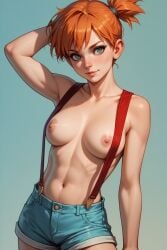 ai_generated breasts kasumi_(pokemon) medium_breasts orange_hair pokemon suspenders topless