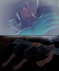 3d bare_shoulders barefoot bed blowjob blush cum cumming erection fantasizing fantasy fellatio gay headband human human_only jerking_off kneeling lying_on_bed male male_only masturbation medic_(team_fortress_2) moaning neminder no_glasses oral oral_sex penis sfm sleeveless sleeveless_shirt source_filmmaker tank_top team_fortress_2 thinking_of_someone_else