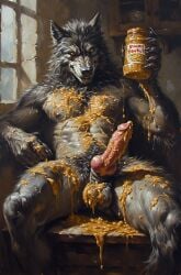 adam360 ai_generated anthro balls canid canine canis erection food frontal furry kitchen knot knotted_humanoid_penis male male_only nude peanut_butter penis werewolf wolf