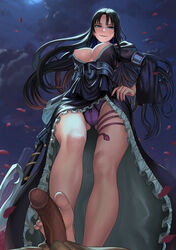 1boy 1girls 5_toes areolae armor barefoot black_hair black_nail_polish breasts cameltoe couple dark-skinned_male dress duo erect erection faceless_male feet foot_fetish footjob gauntlet hand_on_hip holding_weapon human lasterk leaves long_hair looking_at_viewer looking_down moonlight nail_polish night nipples pandora_(saint_seiya) panties penis pov purple_panties saint_seiya saint_seiya:_the_lost_canvas smile soles straight tail toes weapon
