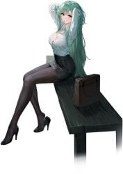 adjusting_hair alternate_costume arms_behind_head arms_up azur_lane bag bench black_background black_footwear black_pantyhose black_skirt blush bra bra_visible_through_clothes breasts button_gap cg cleavage collared_shirt dress_shirt female full_body green_hair hair_tie_in_mouth heel_pop heelpop high_heels large_breasts legs littorio_(azur_lane) littorio_(sitting_in_the_rain)_(azur_lane) long_hair long_sleeves looking_at_viewer miniskirt mouth_hold official_alternate_costume official_art on_bench pantyhose pencil_skirt red_eyes see-through shirt shirt_tucked_in sitting skirt solo transparent_background tying_hair underwear very_long_hair wet wet_clothes wet_shirt white_shirt