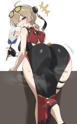 absurdres ahoge ass bent_over black_dress black_gloves brown_hair china_dress chinese_clothes dress eyewear_on_head feet_out_of_frame female fingerless_gloves gloves grin hand_fan highres holding holding_fan looking_at_viewer looking_back pelvic_curtain q_haoyu single_fingerless_glove smile solo sweety_(zenless_zone_zero) thigh_strap zenless_zone_zero